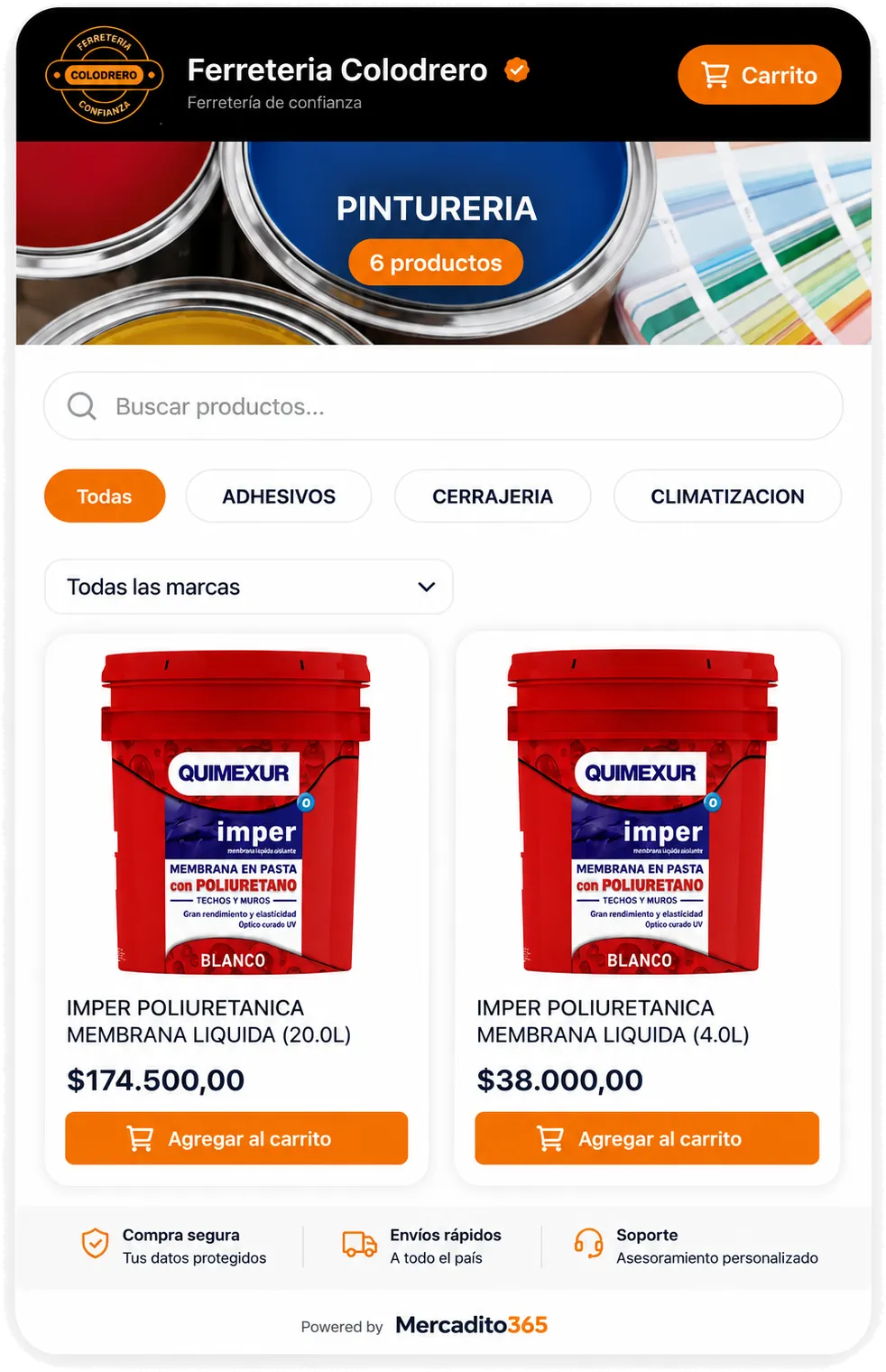 Tienda de Ferretería Colodrero en Mercadito365: cabecera con su logo, buscador, filtros por categoría y marca, y catálogo con fotos, precios y botón para agregar al carrito.
